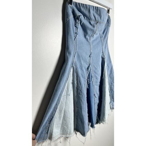 Pilcro Strapless Raw Seams Patchwork Denim Smocked Fit & Flare Mini Dress Small - Picture 6 of 13